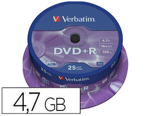 DVD+R VERBATIM CAPACIDAD 4.7GB VELOCIDAD 16X 120 MIN TARRINA DE 25 UNIDADES