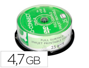 DVD-R Q-CONNECT CON SUPERFICIE 100% IMPRIMIBLE PARA INKJET CAPACIDAD 4,7GB DURACION 120MIVELOCIDAD 16X BOTE DE 25 UNID
