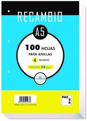 RECAMBIO A5 4 ANILLAS 100 HOJAS CUADRICULA 4 
