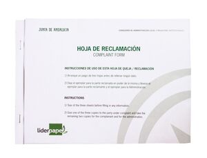 LIBRO LIDERPAPEL HOJAS DE RECLAMACIONES JUNTA DE ANDALUCIA DIN A4 25 JUEGOS ORIGINAL + 2 COPIAS